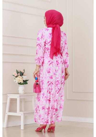 Sevitli Yarım Düğmeli Lotus Elbise-pembe-5248 Pembe