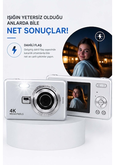 Taşınabilir Kompakt Kamera - 16x Dijital Zoom & Dahili Flaş Beyaz