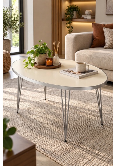 Sulorahome Gümüş Tel Ayaklı Oval Orta Sehpa Krem Bej