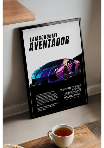 Lamborghini Aventador Siyah Ahşap Çerçeveli Poster, Dekoratif Araba Duvar Tablosu