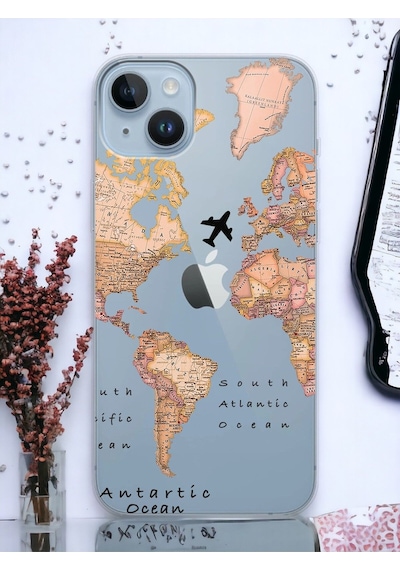 Apple Uyumlu iPhone 15 Transparan Harita Tasarımlı Şeffaf Telefon Kılıfı Çok Renkli