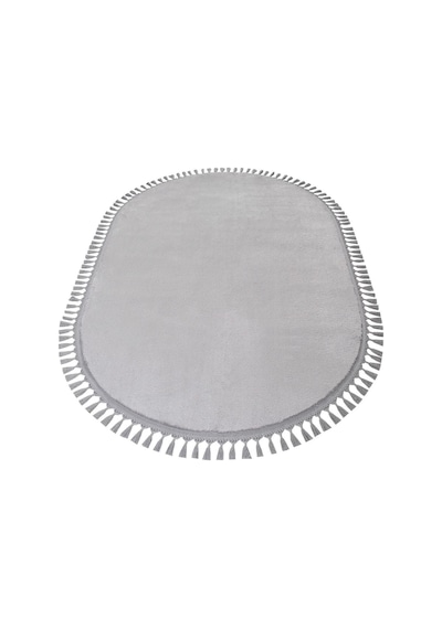 Comfort Oval Overloklu Peluş Halı Gri Gri Ponpon Saçaklı Oval
