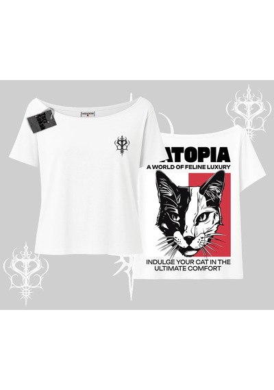 Tarzsokak Modern Kedi Temalı Arka Baskılı Kayık Yaka Tshirt Beyaz