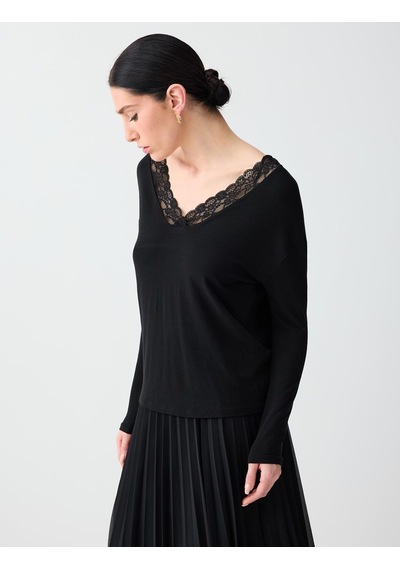 Jimmy Key Siyah Rahat Kesim V Yaka Dantel Detaylı Örme Bluz 6sw035662900