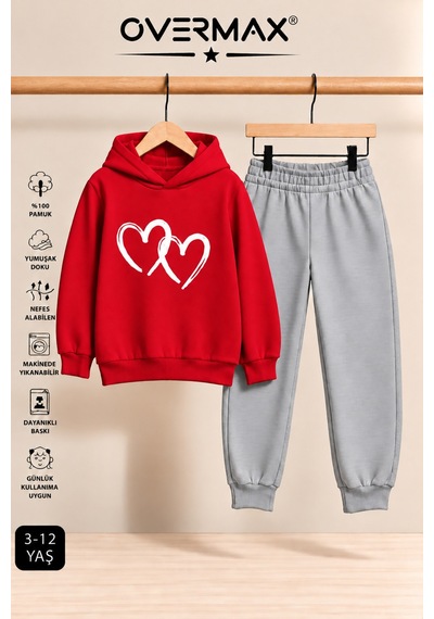Overmax Çift Kalp Baskılı Çocuk Kapüşonlu Sweatshirt Eşofman Takımı 3-12 Yaş Kırmızı Üst-gri Alt - 923598938 Kırmızı Üst-gri Alt