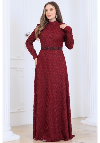 Esilanur Lina Tesettür Abiye Elbise Bordo Bordo