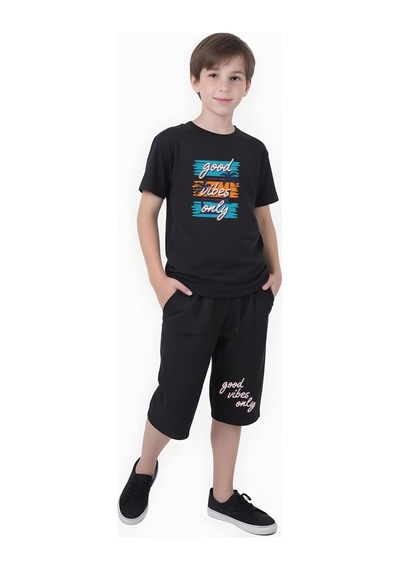 Fyk Kids Erkek Çocuk Yazlık Good Vibes Only Baskılı Alt-üst Takım Siyah