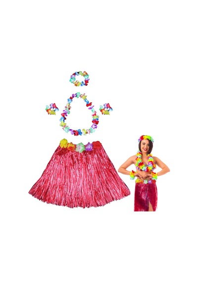 Hawaii - 268 - Dans Kostümü Kırmızı Hula Etek &amp Çiçek - Csmo-tex - Kolye Seti