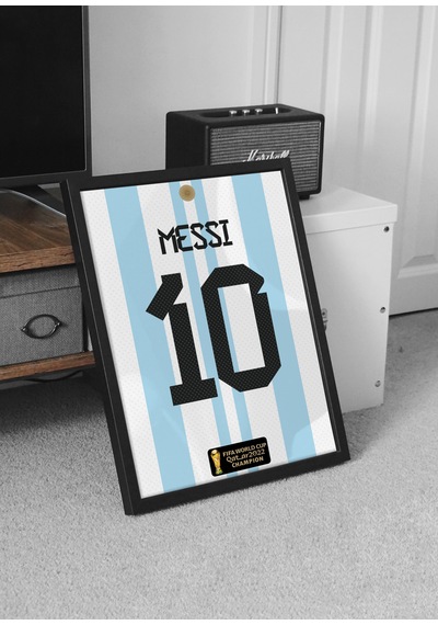 Leo Messi 10 Argentina Forma Tasarımlı Poster Tablo Siyah Çerçeveli