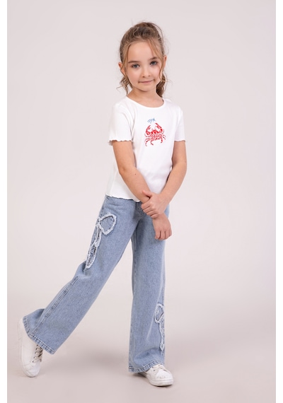 Dmb Boys & Girls Kurdela Nakışlı Beli Lastikli Kız Çocuk Kot Pantolon