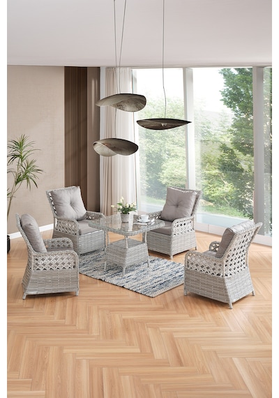 Duru 4 Kişilik Rattan Bahçe Balkon Mutfak Masa Takımı Gri