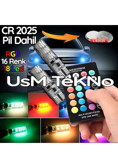 Kumandalı Çakarlı T10 Araç Park Ampulü 2 Adet 18 Led Rgb Led