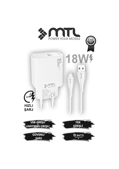 18w Qc 3.0 Destekli Hızlı Usb Adaptör + Lightning Apple Uyumlu iPhone Usb Kablo Hızlı Şarj Seti Mt1313