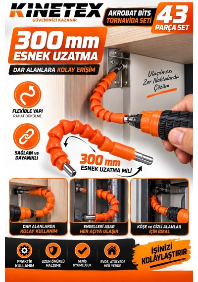 43 Parça Akrobat Bits Tornavida Seti 300 Mm Esnek Uzatmalı Lokma Ve Uç Seti