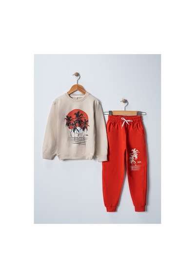 Veramoni Tropical Baskılı Uzun Kollu Lastikli Bel Cepli Unisex Çocuk Alt Üst Takım Kiremit Rengi