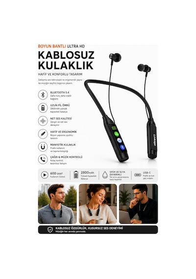 Exenar - Siyah - Boyun Bantlı Ultra Hd Bluetooth Kablosuz Kulaklık Type-c Dijital Ekran Tf Kart 2800 Mah 600 Saat