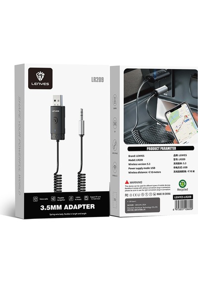 Lenyes Lr209 Spiral Kablolu Dahili Mikrofonlu Kablosuz Ses Alıcı Aux Bluetooth Adaptör Siyah