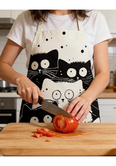 Valkyrie Siyah Beyaz Kedi Desenli Mutfak Önlüğü Cepli Unisex Mutfak Pişirme Temizlik Servis Önlüğü Siyah - Beyaz