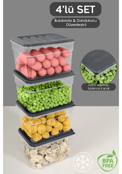 4'lü Derin Buzdolabı Organizer Set Düzenleyici Saklama Kabı Mikrodalga Difriz Kabı 1100ML Antrasit