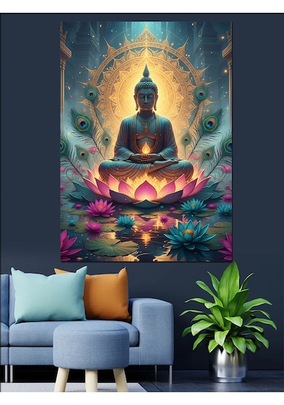 Altın Buda Heykeli Meditasyon Dekoratif Kanvas - Mdf Ahşap Tablo