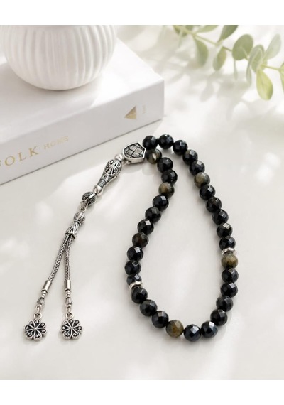 Gold Obsidyen Tesbih Premium Kalite 8 Mm Parlak Faset Kesim Tesbih Şık Tasarım Siyah
