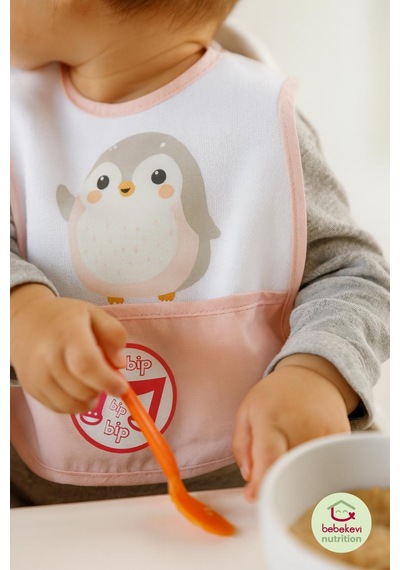 Düdüklü Cepli Sıvama Mama Önlüğü - Minik Penguen Pembe Bebek Önlüğü Koyu Pembe