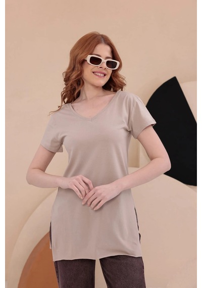 Bbbutikbasic Yırtmaçlı Uzun Basic Tişort Hkn34 Bej
