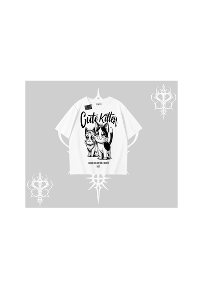Tarzsokak Cute Kitten Yazılı Sevimli Kedi Baskılı Oversize Tshirt Beyaz