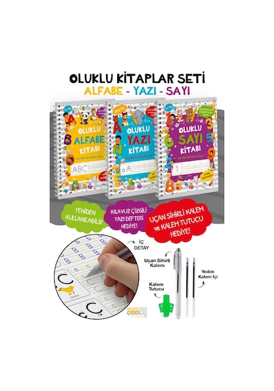 Oluklu Kitaplar 3 Lü Set - Alfabe Sayı Yazı - Yaz Sil Eğitim Kitabı - Sihirli Kalemli Okul Öncesi