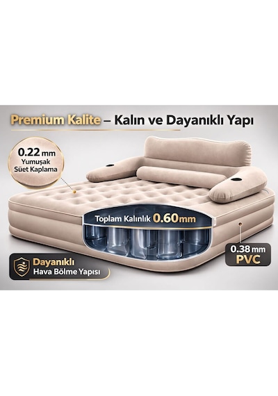 Çift Kişilik Otomatik Şişme Yatak Çıkarılabilir Başlıklı Kamp Ve Misafir Yatağı 203x152x40cm Bej