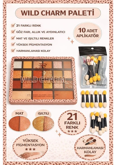 Wild Charm 21 Renkli Göz Farı Paleti, 10 Adet Çift Taraflı Aplikatör Seti, Mat Ve Işıltılı Far, Yüksek Pigmentasyonlu Profesyonel Makyaj Paleti, Günlük Ve Gece Makyajı İçin