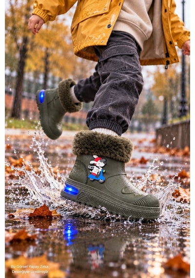 Muggo Muppy Işıklı Kürk Detaylı Unisex Çocuk Günlük Yağmur Ve Kar Botu Haki