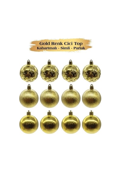 6 Cm Gold Parlak Kabartmalı Yılbaşı Top Süs 12 Parça Dekoratif Ağaç Ve Parti Süsü Seti Diğer
