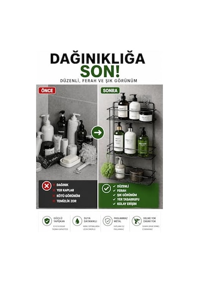 Sas Haus Yapışkanlı Banyo Rafı Siyah Delmeden Montaj Duş Şampuanlık, Paslanmaz Metal, Siyah Organizer Açık Ceviz