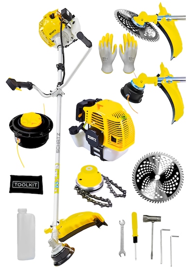 Schatz 5.9 Hp Yan Tipi Benzinli Motorlu Ot Çalı Çim Biçme Tırpanı 11000rpm Sarı + Canavar Başlık