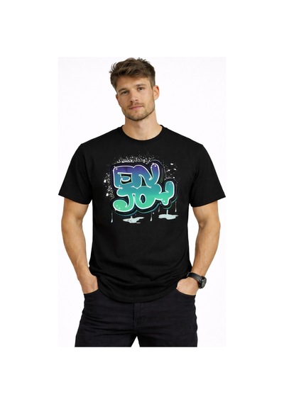 Herkesemoda Enjoy Yazı Detaylı Basic Erkek T-shirt Siyah
