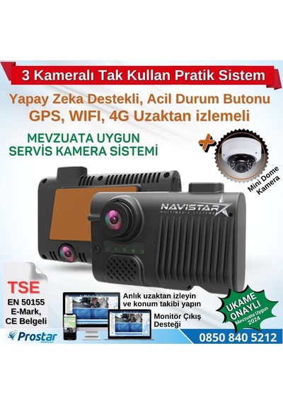 3 Kameralı Monitör Çıkışlı 4g Gps Wıfı Acil Durum Butonu Dahil Pratik Montaj Kamera Seti
