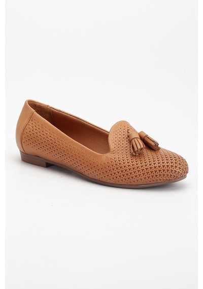 Analin Shoes Kadın Hakiki Deri Baskılı Püsküllü Babet Taba