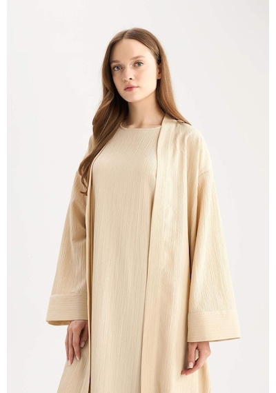 DeFacto Relax Fit Şal Yaka Krinkıl Kumaş Uzun Kimono E1816AX25SPBG757 Bej