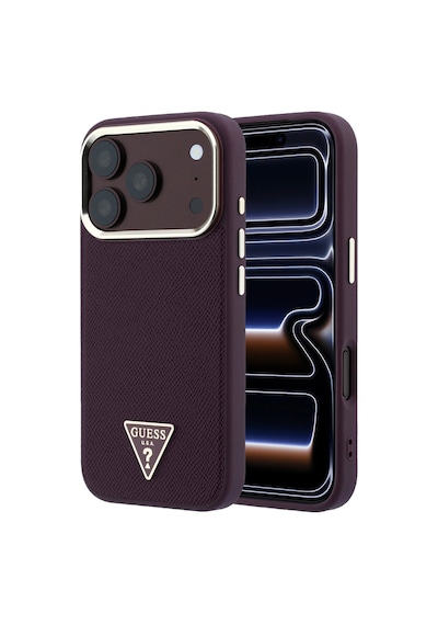 Apple iPhone 18 Pro Uyumlu Kılıf Guess  Lisanslı M-safe Şarj Özellikli Grained Triangle Kapak Bordo
