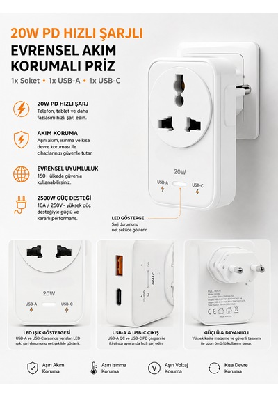 2500w Akım Korumalı Priz 1 Soket 1 Usb 1 Type-c Evrensel Çoklu Priz Şarj Adaptörü Güç Koruyucu Tv 0
