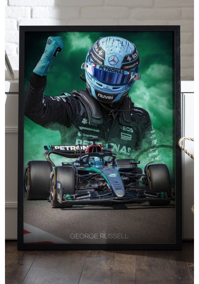 George Russell Siyah Ahşap Çerçeveli Poster, Dekoratif Formula 1 Duvar Tablosu