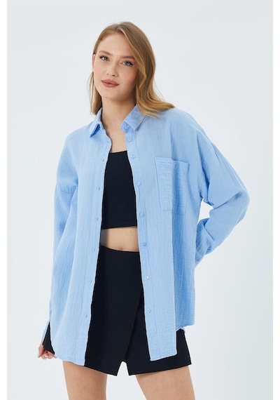 Mixray 3833 Kadın Oversize Cepli Müslin Gömlek Bebe Mavi
