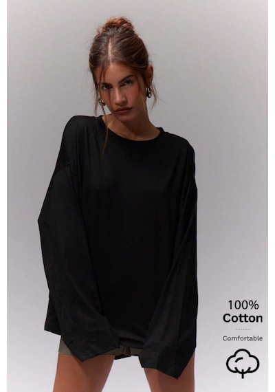 Cool Tarz Kadın %100 Pamuk Bisiklet Yaka Oversize Fit Uzun Kollu T-shirt Siyah Siyah