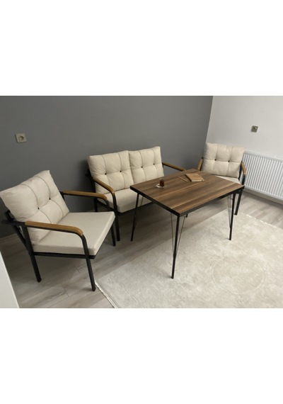 Modern Dünya Balkon, Bahçe, Cafe - Metal Kanepe Koltuk Takımı - 2+1+1 + Masa Krem Modernsh35 Krem