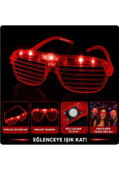 Led Işıklı Panjur Parti Gözlüğü Kırmızı Renk Shutter Gözlük