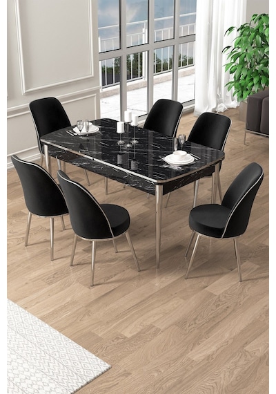 Canisa Pale Serisi 80x132 Açılabilir Siyah Mermer Desen Mutfak Masa Takımı 6 Siyah Sandalye Krom Detay Masa Siyah Mermer Desen Sandalye Siyah Krom Ayak Canisa Pale Serisi 80x132 Açılabilir Siyah Mermer Desen Mutfak Masa Takımı 6 Siyah Sandalye Krom Detay Masa Siyah Mermer Desen Sandalye Siyah Krom Ayak