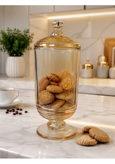 Chacha Home Halkalı Cam Kapaklı Ayaklı Drajellik & Şekerlik 780 Ml - 24 Cm Bal Rengi