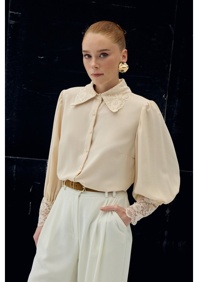 Sateen Dantel Manşetli Gömlek - Bej-137048 bej