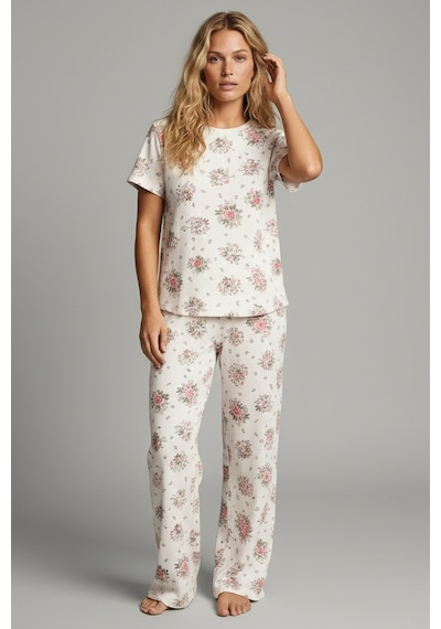 Siyah İnci Bisiklet Yaka Yumuşak Tuşe Yazlık Fitilli Pamuklu Örme Pijama Takım 7995 Pembe Büyük Çiçek